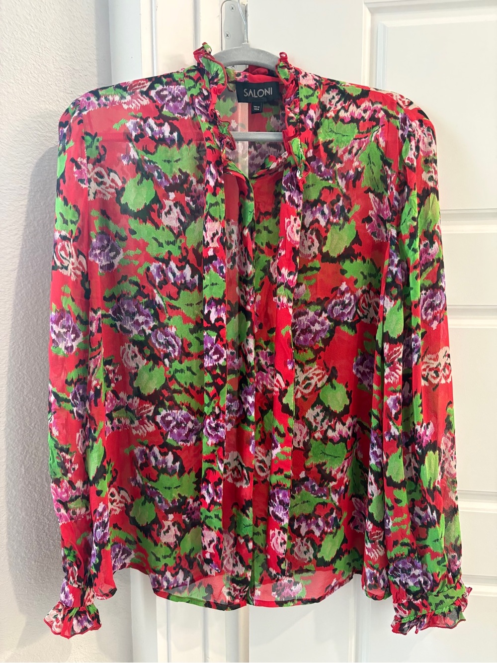 SALONI Red Floral Silk Ruffle-Trim Blouse